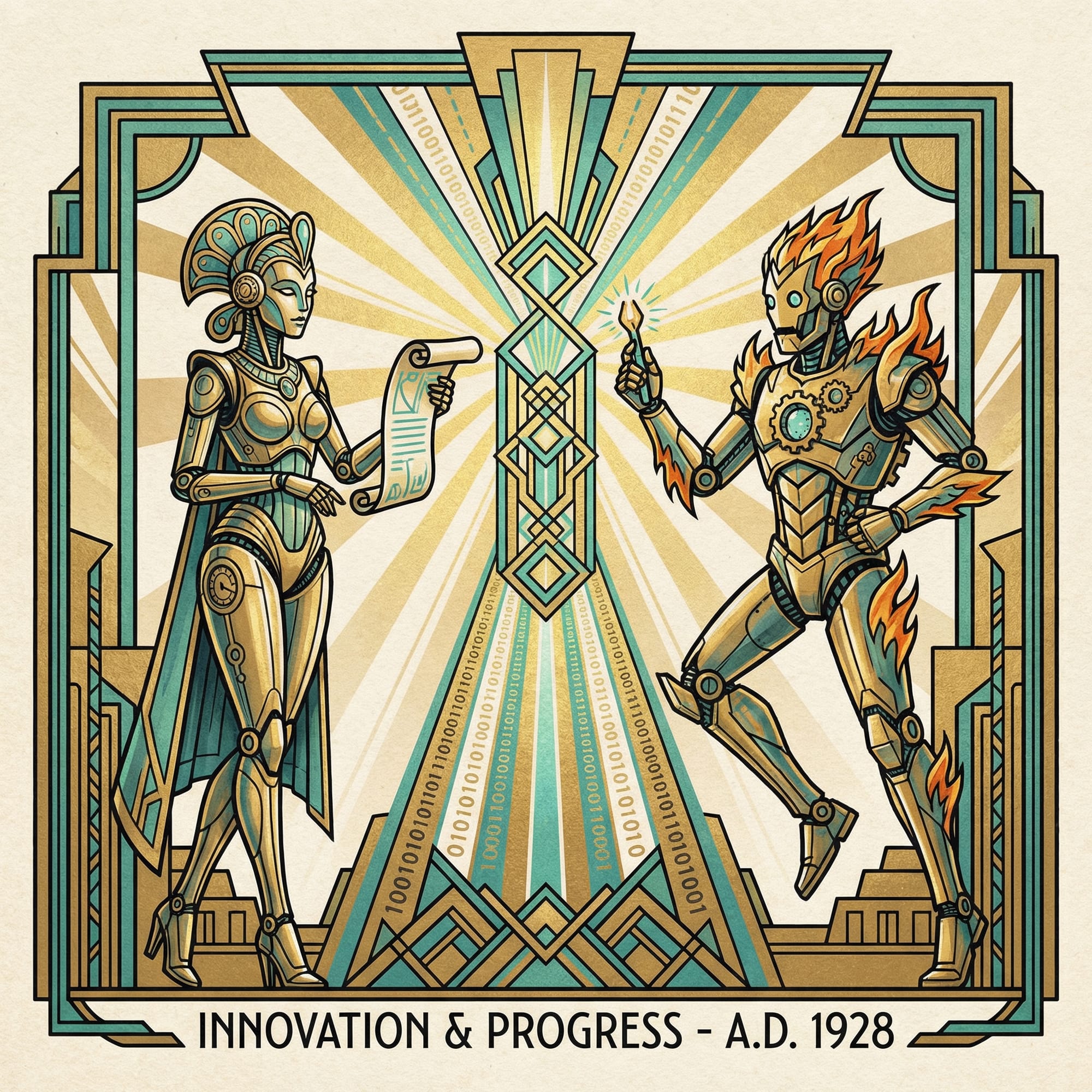 Art Deco dual robot collaboration illustration