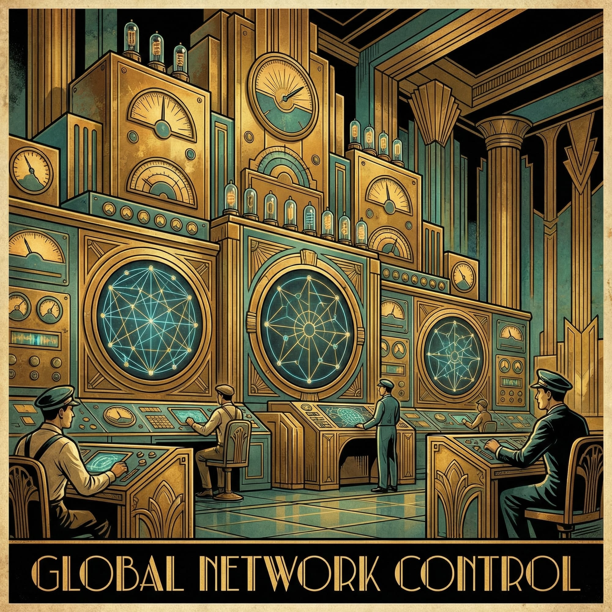 Art Deco monitoring control room illustration