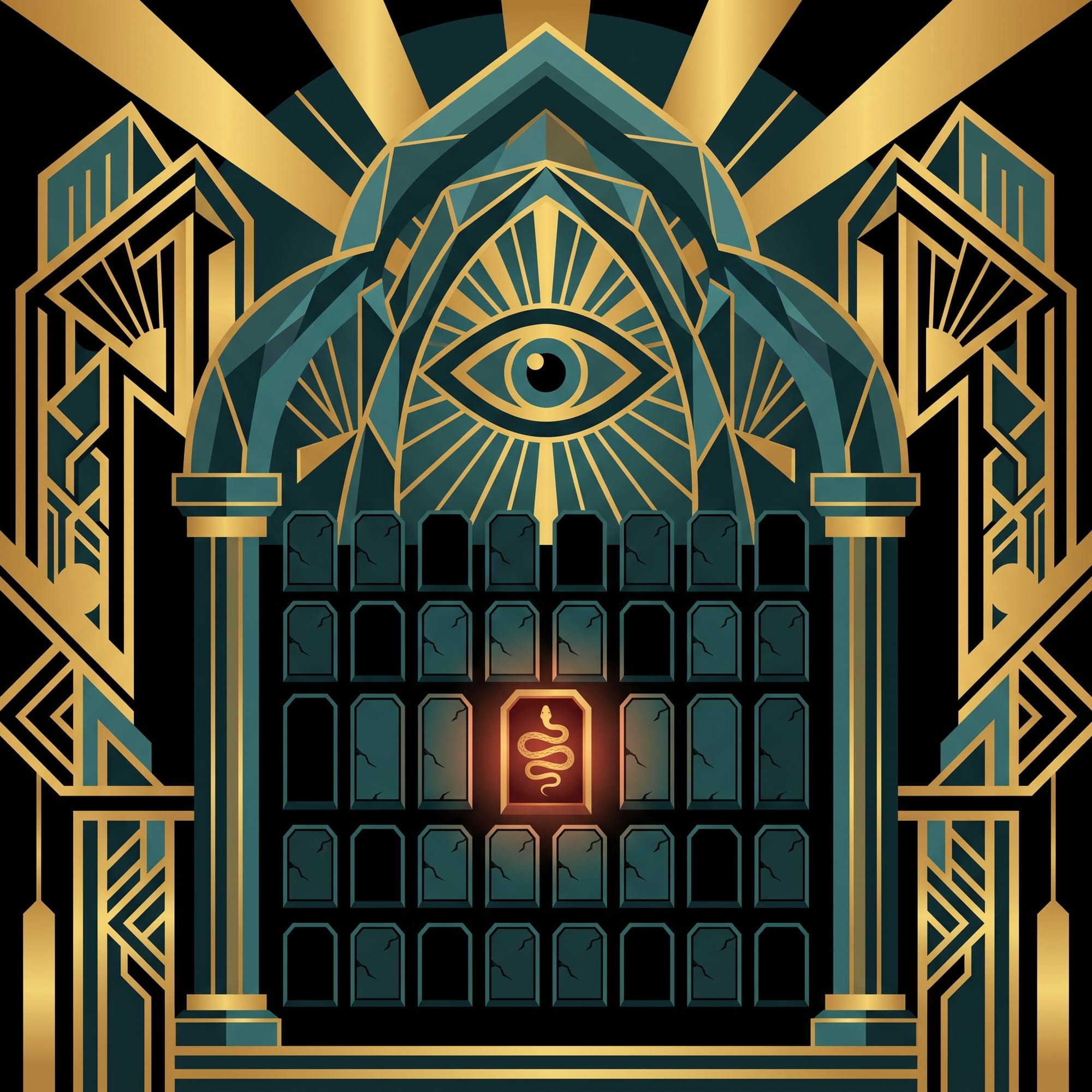 An Art Deco all-seeing eye inspecting a grid of template tablets, one glowing with a hidden mark