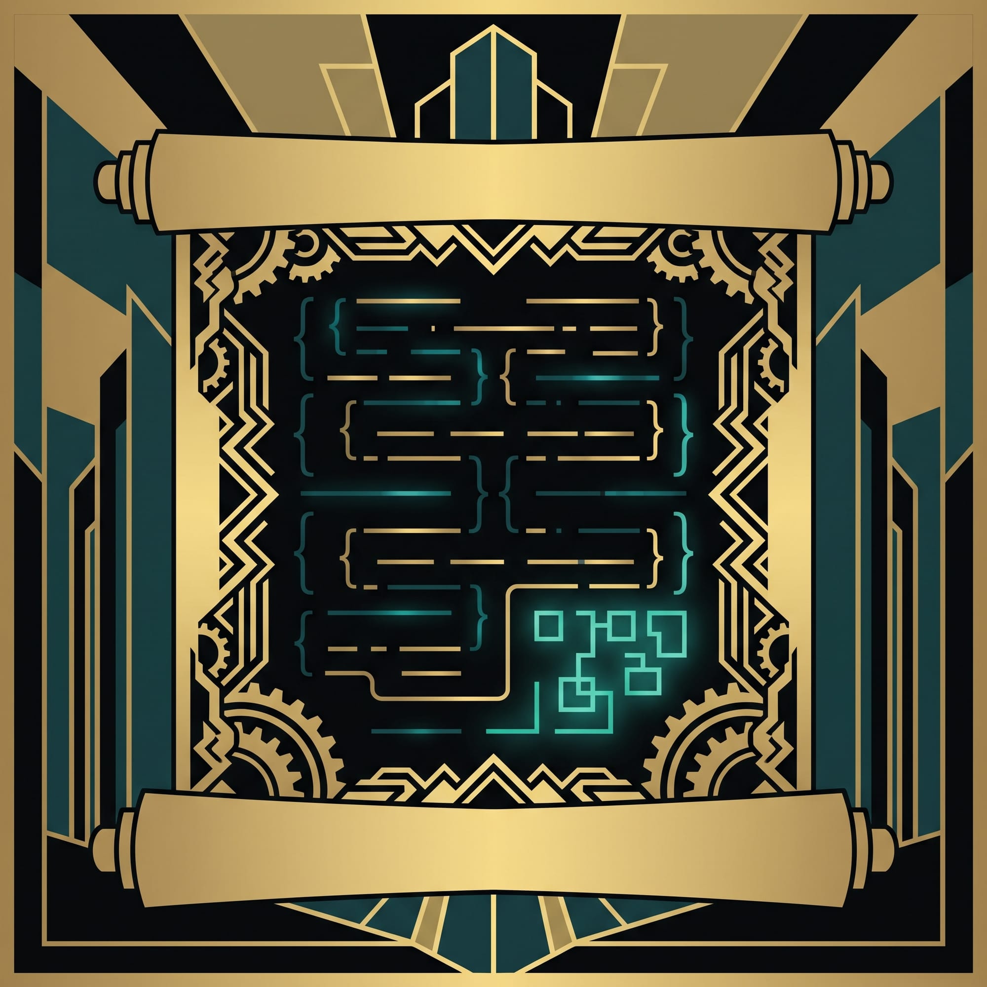 An Art Deco scroll whose ornamental lines conceal glowing lines of code