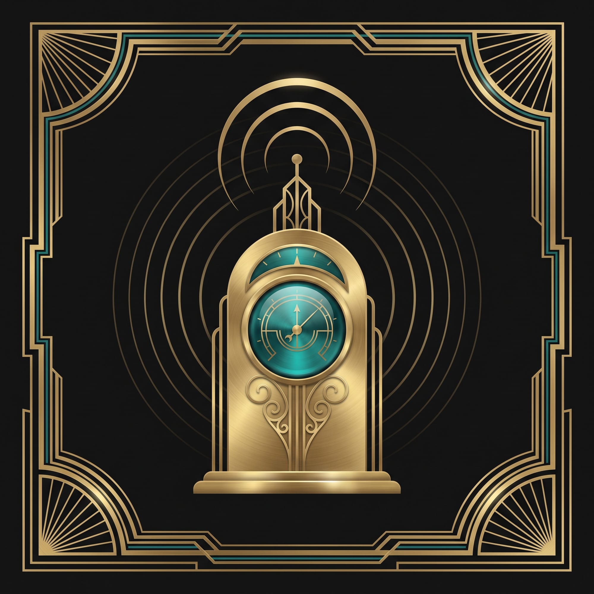Art Deco illustration of a handheld radio instrument emitting golden signal bars