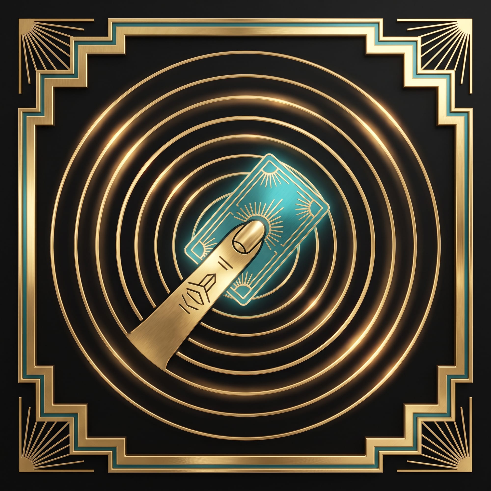 Art Deco illustration of a hand tapping a card, releasing golden ripples